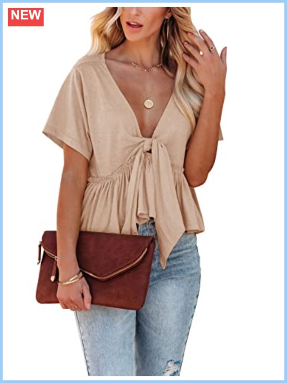 Women's Short Sleeve V-Neck Blouse Ruffle Hem Tie Front Crop Top Summer